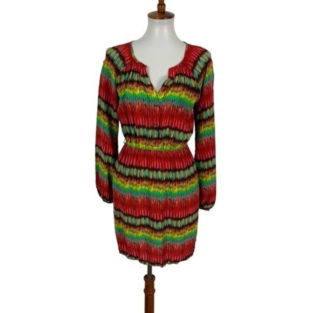 Charlie Jade Multicolor Silk Mini Dress Long Sleeve Boho Festival V Neck Small‎
